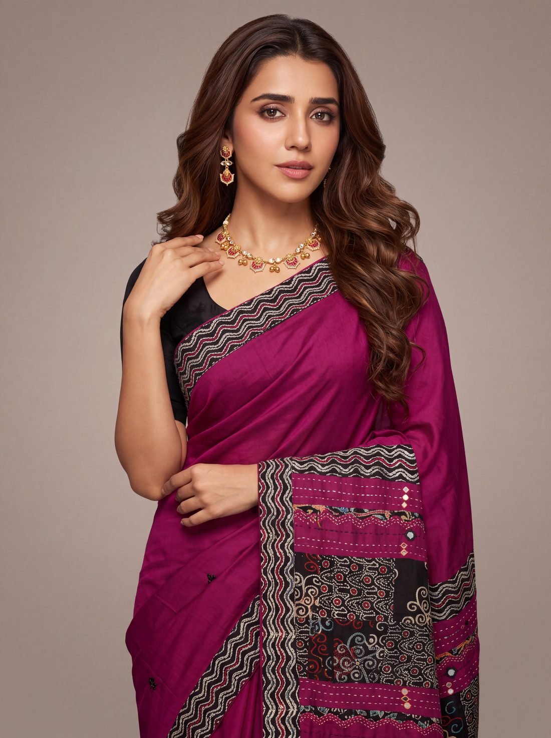 The shopper wearing the saree and necklace, generated by Pehno